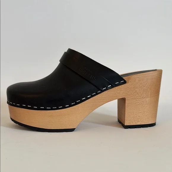 Swedish Hasbeens LOUISE Black Leather Platform Clogs Heels 38 - Picture 5 of 10